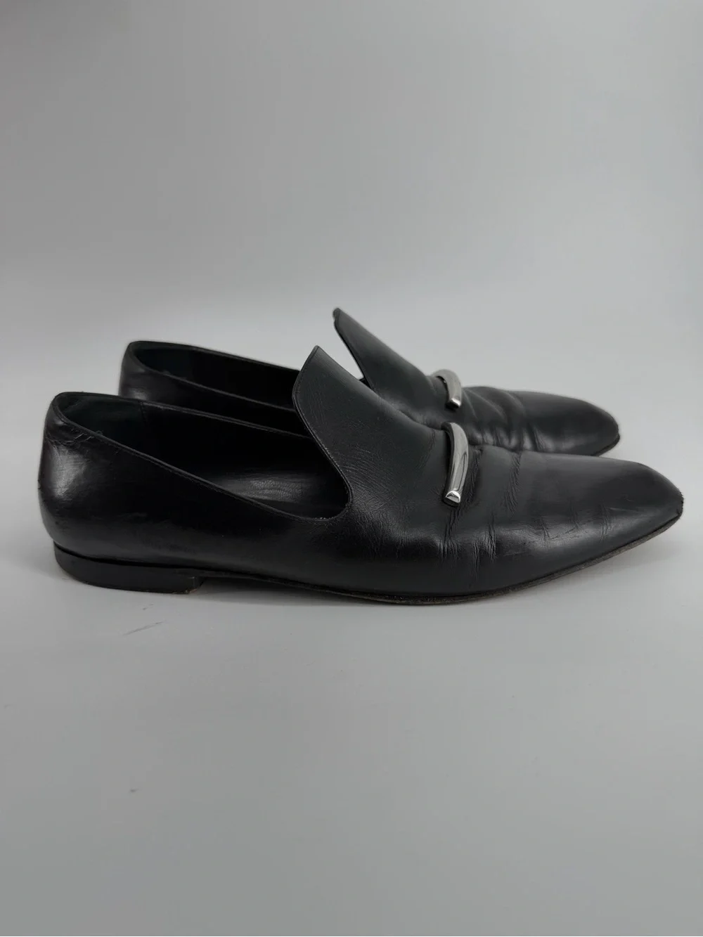 Via Spiga Black Leather Loafers Silver Hardware Slip On Flats Made in Italy 10